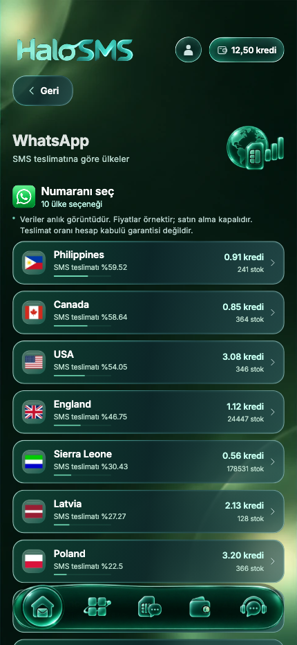 HaloSMS · Ülke ve servis seçimi